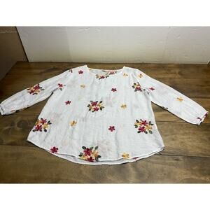 Anthropologie Kindred Top Womens Large White Embroidered Floral Sheer Blouse